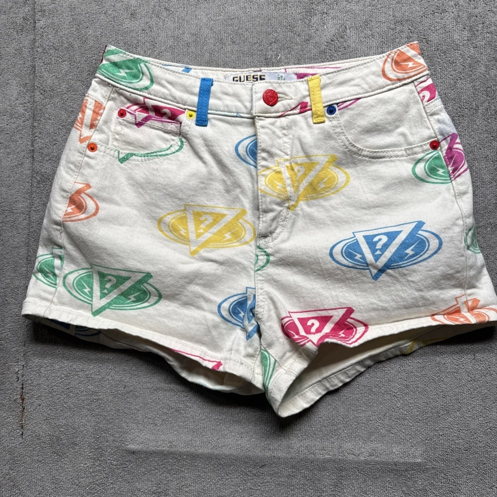 Guess x J Balvin Colores Jean Shorts Womens 27 White Rainbow Retro Mom Denim 2"